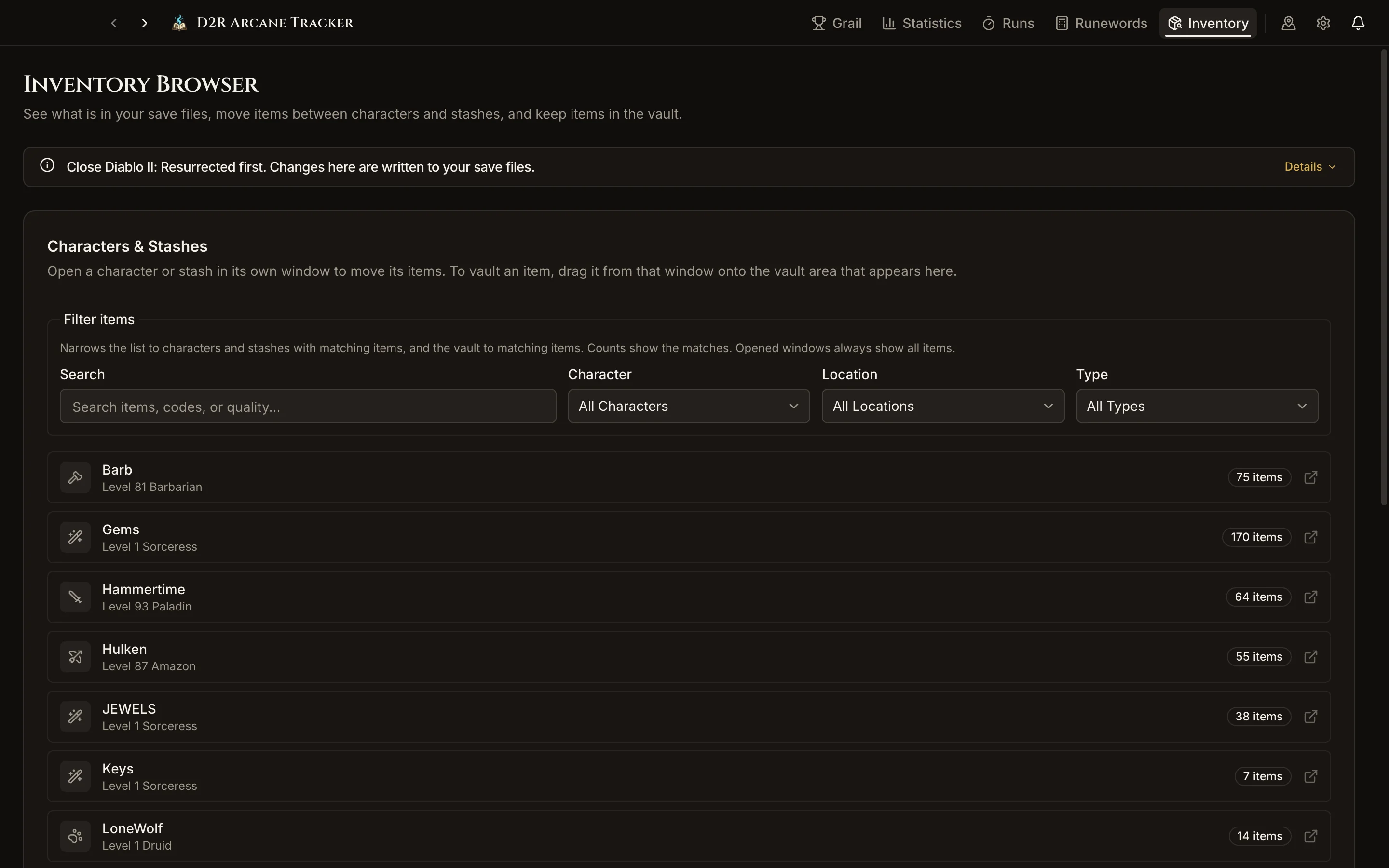 Inventory Browser listing characters and shared stashes with their item counts