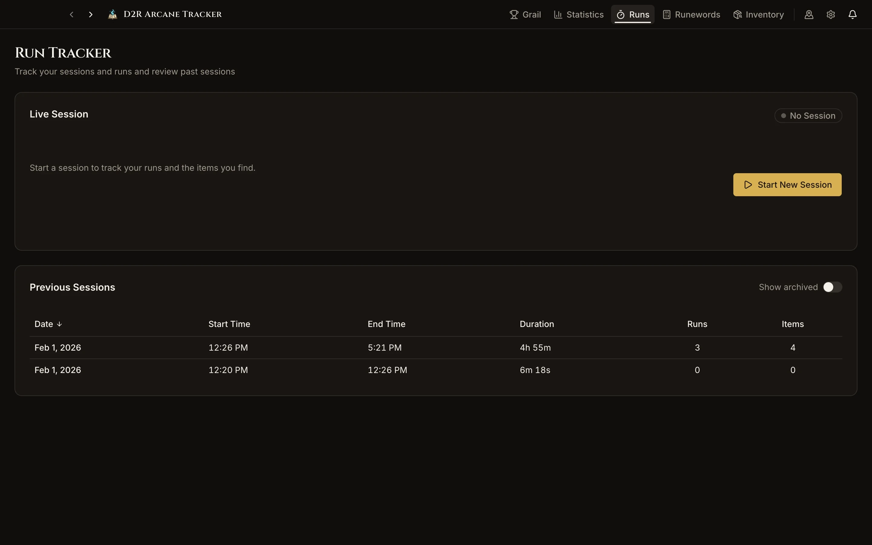 Run Tracker page with the live session card and a list of previous sessions