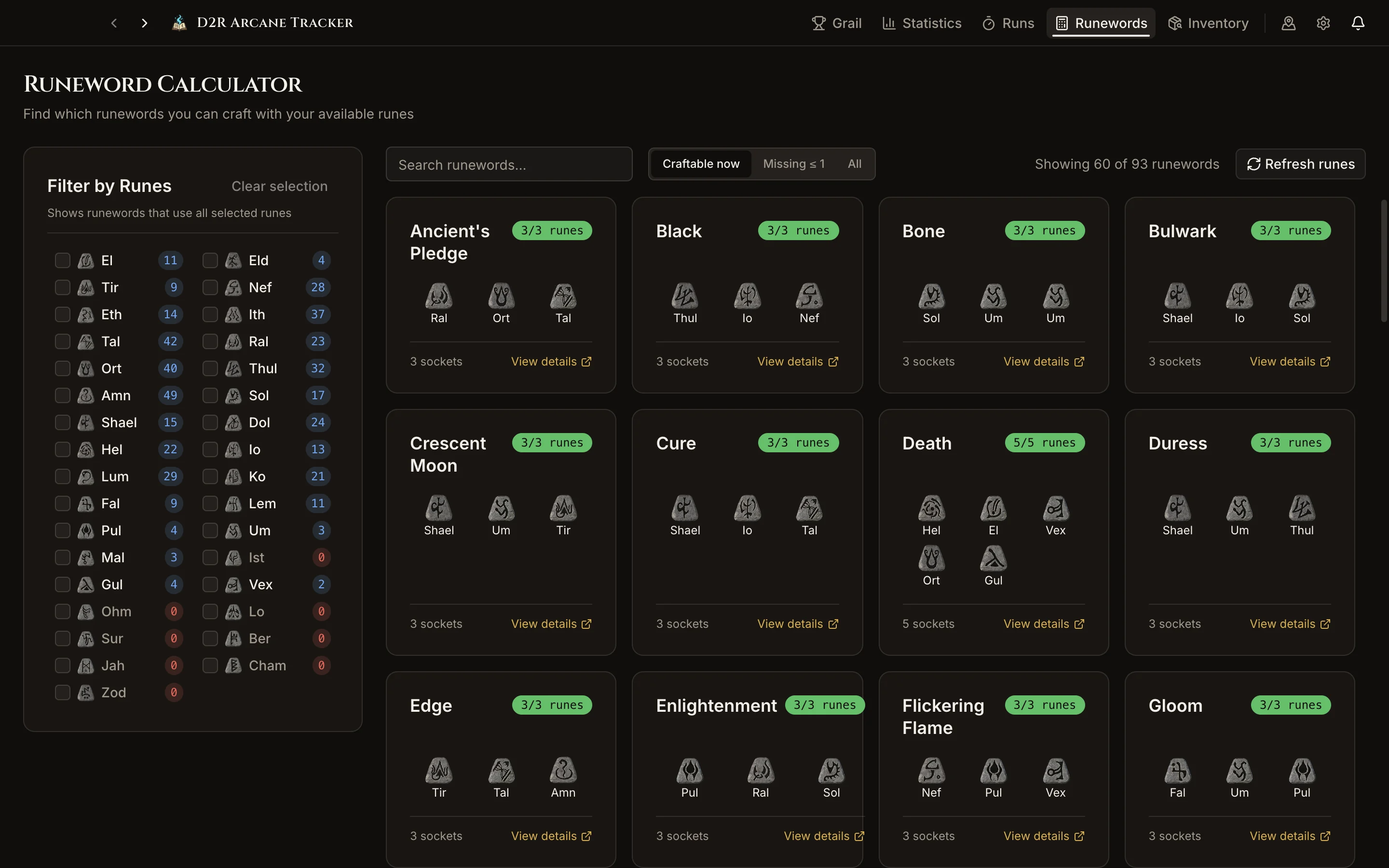 Runeword Calculator with rune counts in the sidebar and craftable runewords as cards